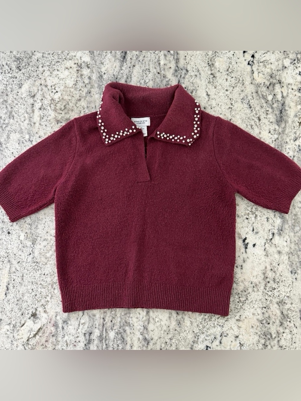 Burgundy Short-Sleeve Sweater with Embellished Collar